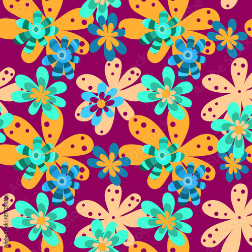 Bright colorful summer seamless floral pattern of colorful ornamental flowers on violet background. Vector illustration for fabric design.