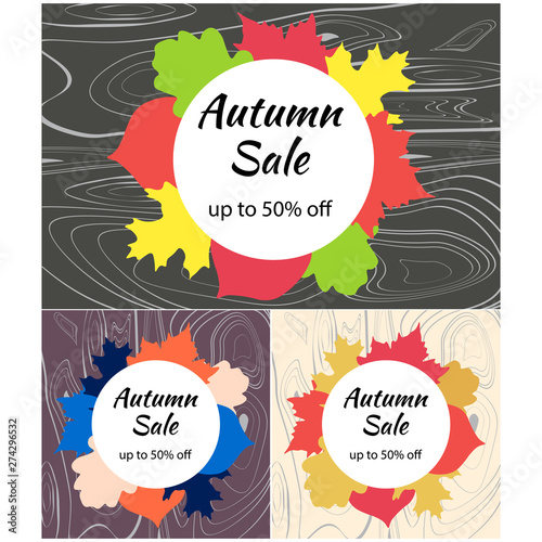 Set autumn modern backgrounds for sale banner. Red, yellow, green and blue leaves on a woody texture. Flat simple template for offer card, poster with copy space for text on white round.