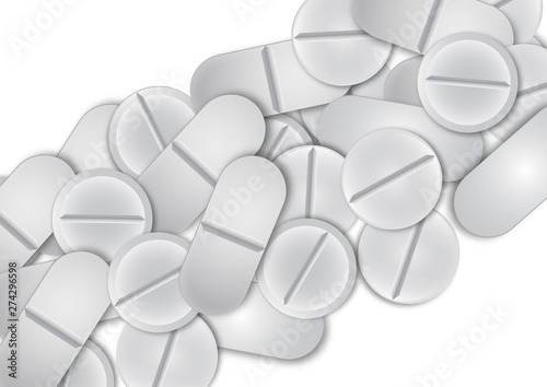 Abstract background of various realistic vector white medicinal tablets on a light background.