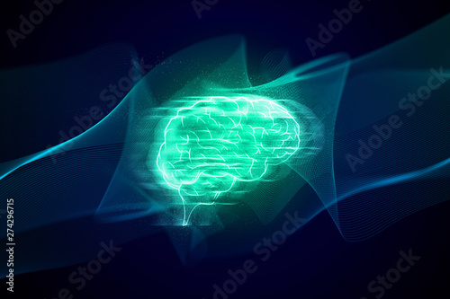 wave brain ai robotic digital data deep learning, social network, health and science, atom cell neuron, futuristic background illustration 3d rendering