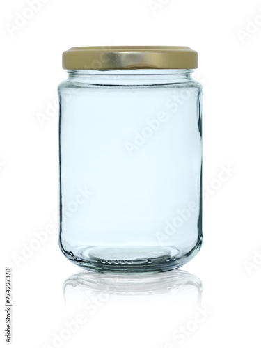 Empty glass jar closed by a metal cover with reflection, isolated on a white background