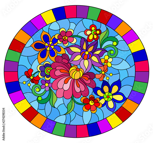 Illustration in stained glass style with bright abstract flowers and leaves on blue background, oval image in bright frame