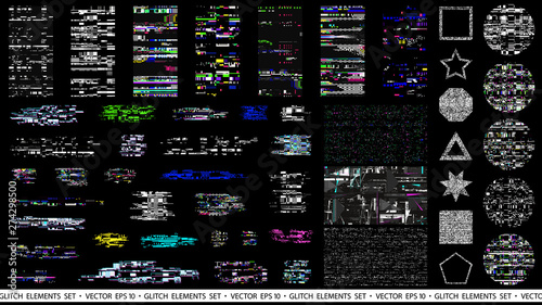 Glitch elements set. Computer screen error templates. Digital pixel noise abstract design. Poster design pixel details. Glitches collection. TV signal fail. Data decay. Technical problem grunge. photo