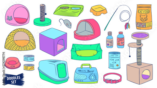 Pet shop doodles set. Cat care products. Veterinary accessories. Cat food. Pet supplies. Litter. Scratching post. Animal. Collar. Litter tray. Basket. Kitten. Bowls. Grooming. Kennel.