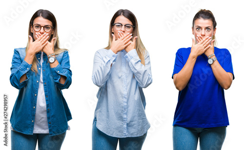 Collage of young beautiful woman wearing glasses over isolated background shocked covering mouth with hands for mistake. Secret concept.