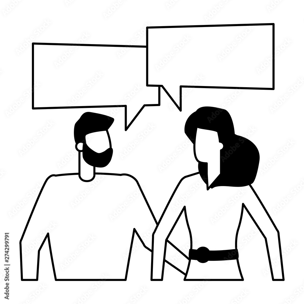 man and woman characters talk bubble