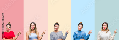 Collage of young beautiful woman over colorful vintage stripes isolated background with a big smile on face, pointing with hand and finger to the side looking at the camera.