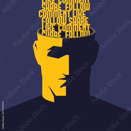 Male open head with words Like, Comment, Share, Follow inside. Social media influence concept illustration.