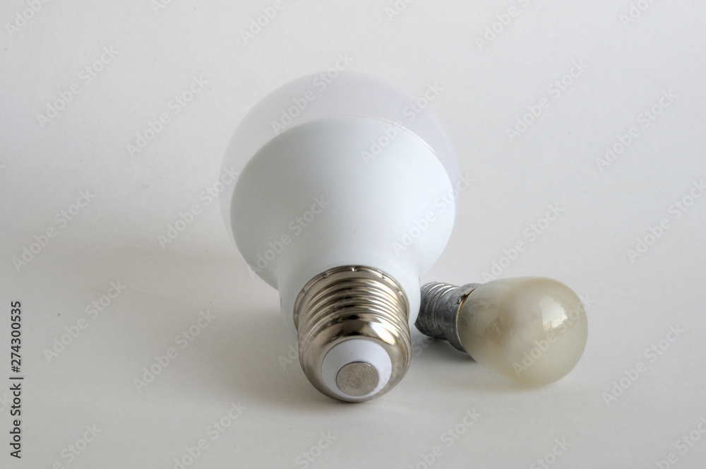 Two LED bulbs. On a white background. Place for text. Two LED bulbs. On a white background. Place for text.