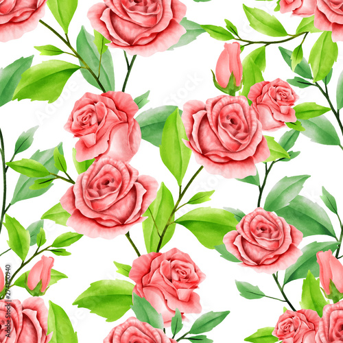 Beautiful Watercolor Floral Seamless Pattern Red Rose