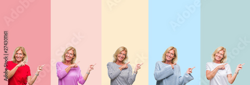 Collage of middle age senior beautiful woman over colorful stripes isolated background smiling and looking at the camera pointing with two hands and fingers to the side.