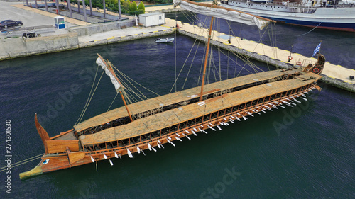 Aerial detail photo of ancient Greek warship full scale replica Trireme in port of Faliron, Attica, Greece photo