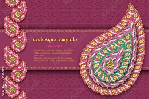 Purple arabesque floral pattern with paisley and mandala. Flower and leaves patterns. Vector illustration.