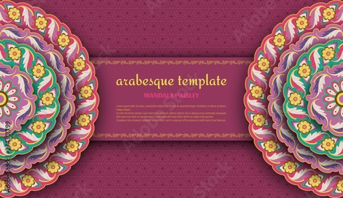 Purple arabesque floral pattern with paisley and mandala. Flower and leaves patterns. Vector illustration.