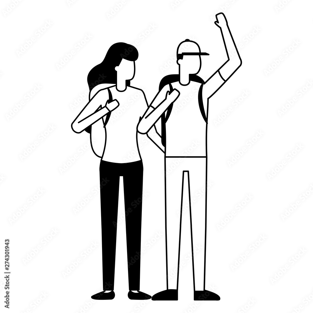 man and woman with backpack hands up