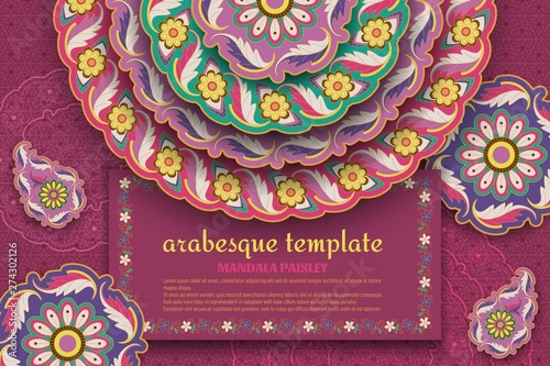 Purple arabesque floral pattern with paisley and mandala. Flower and leaves patterns. Vector illustration.