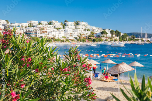 Fototapeta Naklejka Na Ścianę i Meble -  View of Bodrum Beach, Aegean sea, traditional white houses, marina, sailing boats, yachts in Bodrum town Turkey. 