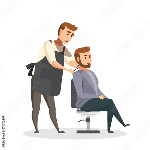Stylish hairdresser cutting hair of client at barber shop. Beard man getting haircut at salon. UI illustration of a bearded male hipster.