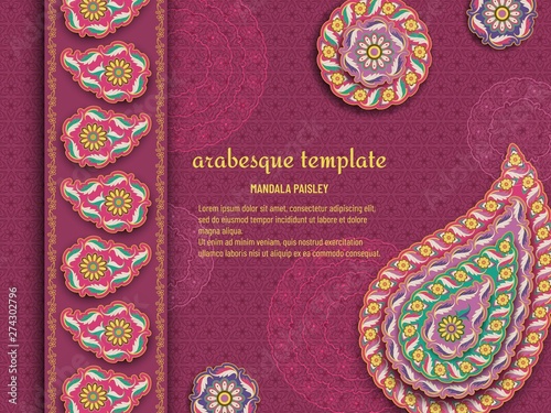 Purple arabesque floral pattern with paisley and mandala. Flower and leaves patterns. Vector illustration.