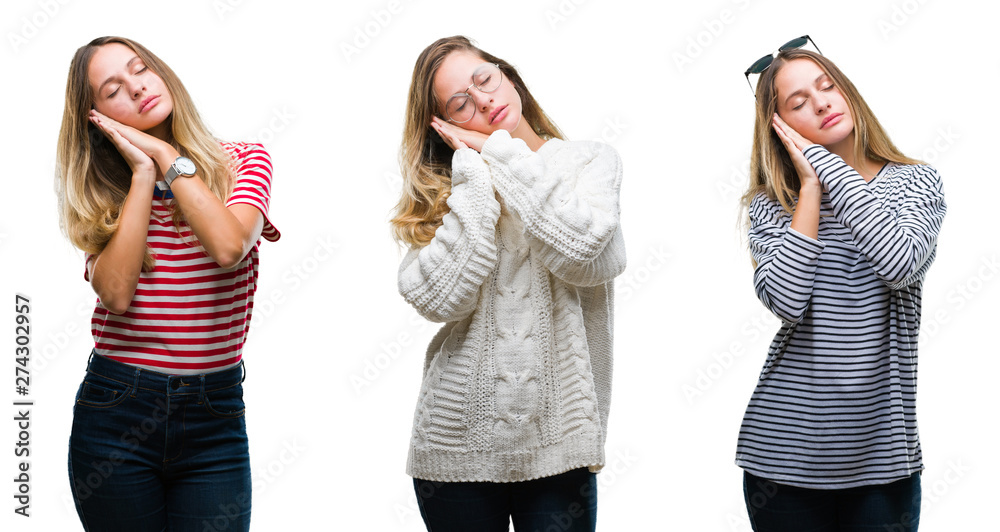 Collage of young beautiful blonde woman over isolated background sleeping tired dreaming and posing with hands together while smiling with closed eyes. Collage of young beautiful blonde woman over isolated background sleeping tired dreaming and posing with hands together while smiling with closed eyes.