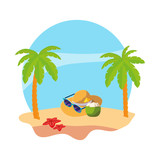 summer beach with palms and straw hat scene