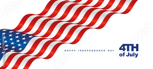 4th July USA waving flag white background modern banner