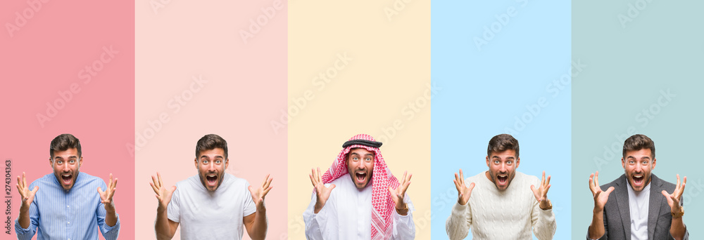 Collage of handsome young man over colorful stripes isolated background celebrating crazy and amazed for success with arms raised and open eyes screaming excited. Winner concept