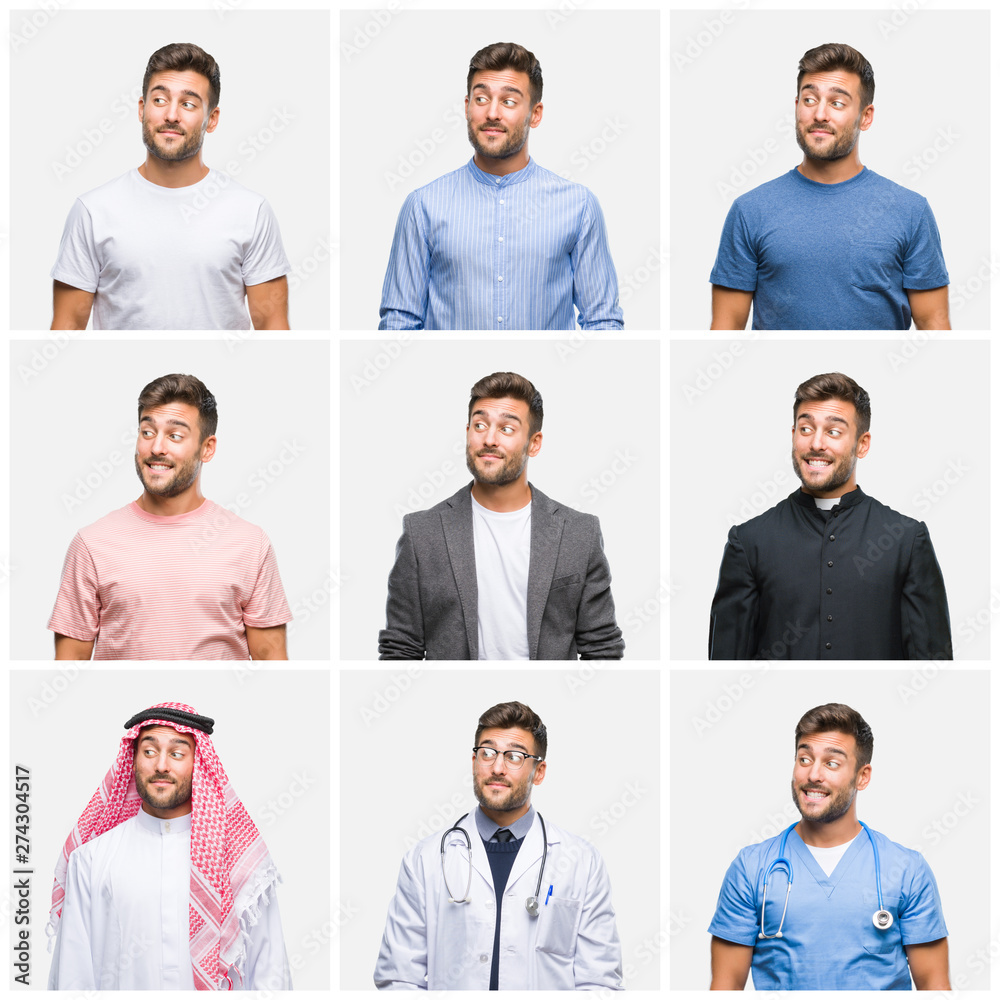 Collage of young doctor arab business man isolated background smiling looking side and staring away thinking. Collage of young doctor arab business man isolated background smiling looking side and staring away thinking.