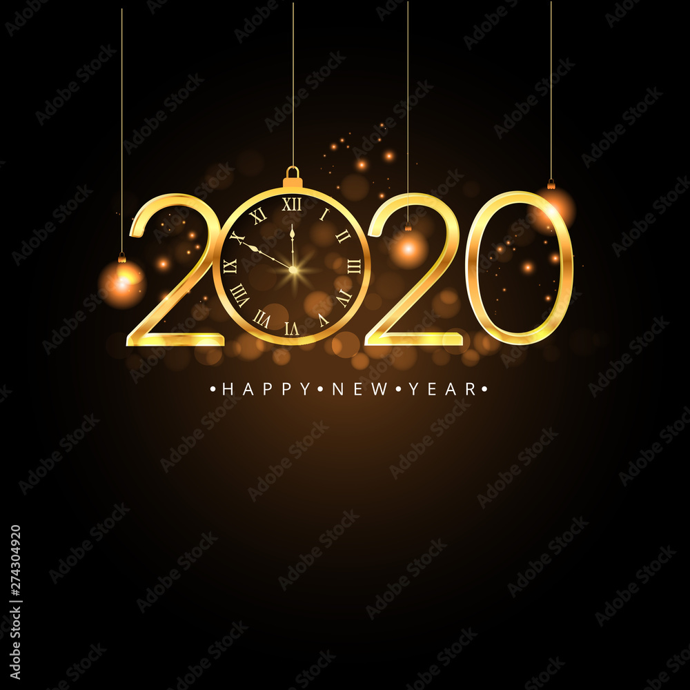 Happy New Year 2020. Gold numbers, clock and light on dark background. Vector illustration