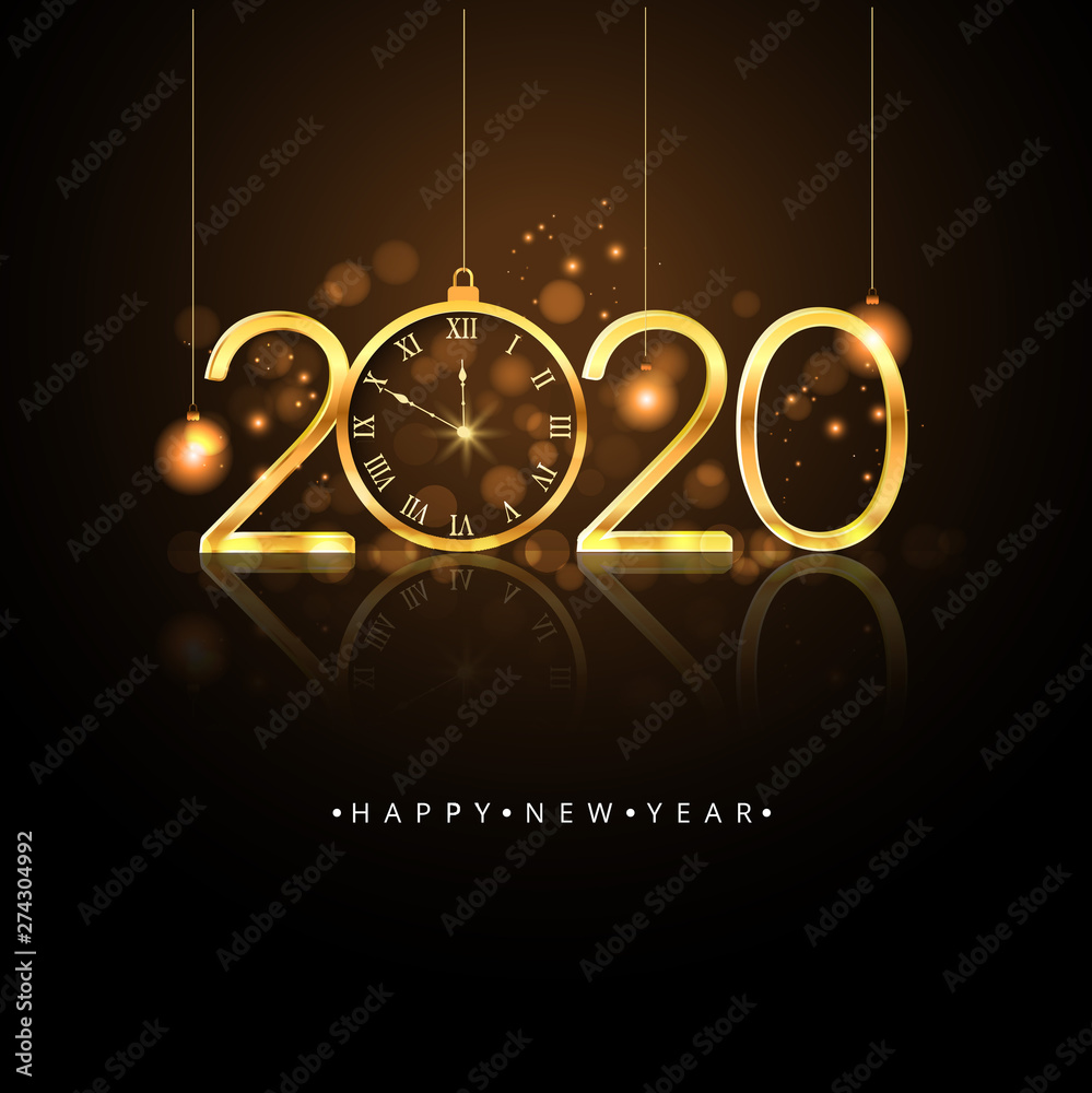 Happy New Year 2020. Gold numbers, clock and light on dark background. Vector illustration