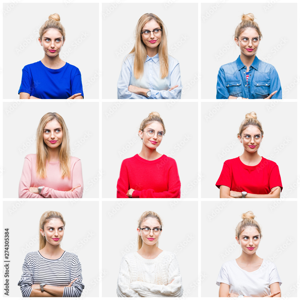 Collage of young beautiful blonde woman over white isolated background smiling looking side and staring away thinking. Collage of young beautiful blonde woman over white isolated background smiling looking side and staring away thinking.