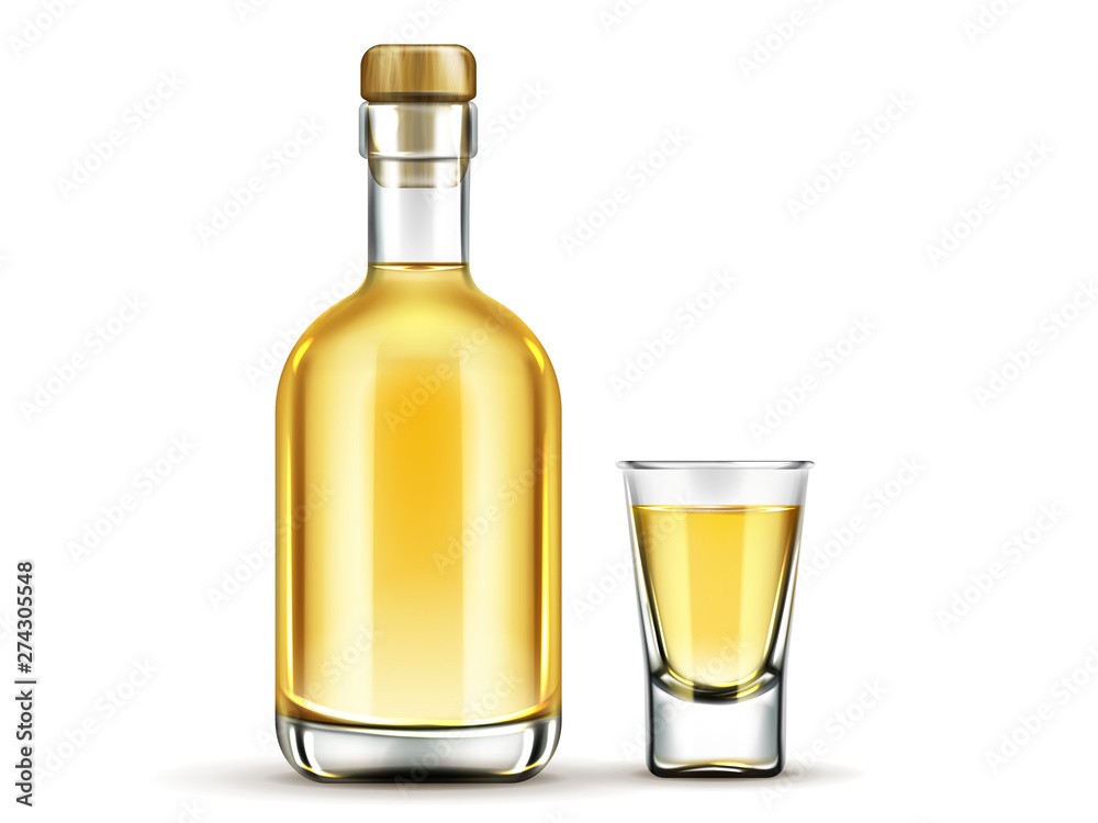 Tequila bottle and shot glass with gold liquid mock up, mexican alcohol drink flask with cork isolated on white background, design elements for advertising. Realistic 3d vector illustration, clip art