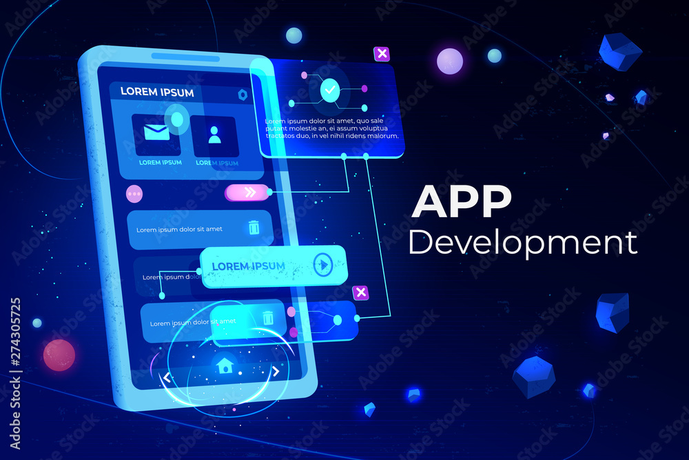 App development banner, adaptive layout application web interface on smartphone touch screen, user software API prototyping, testing, neon glowing background. Cartoon vector illustration, landing page