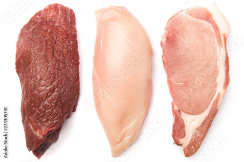 Collection of raw meat. Beef, pork, chicke isolated on white