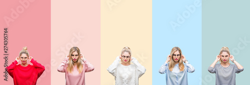 Collage of young beautiful blonde woman over vivid colorful vintage isolated background covering ears with fingers with annoyed expression for the noise of loud music. Deaf concept.