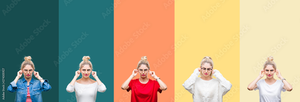 Collage of young beautiful blonde woman over vivid colorful vintage stripes isolated background covering ears with fingers with annoyed expression for the noise of loud music. Deaf concept. Collage of young beautiful blonde woman over vivid colorful vintage stripes isolated background covering ears with fingers with annoyed expression for the noise of loud music. Deaf concept.