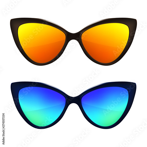 Sunglasses background. Trendy colors. Fashion eyeglasses collection. Summer fashion. Cat eye rim style. Retro trendy vector.