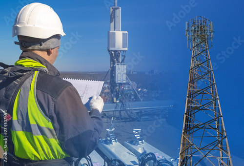 Collage of telecommunication engineer in helmet and uniform with documentation and tower with antennas of GSM DCS UMTS LTE bands, outdoor radio units on the roof. Working process of upgrading photo
