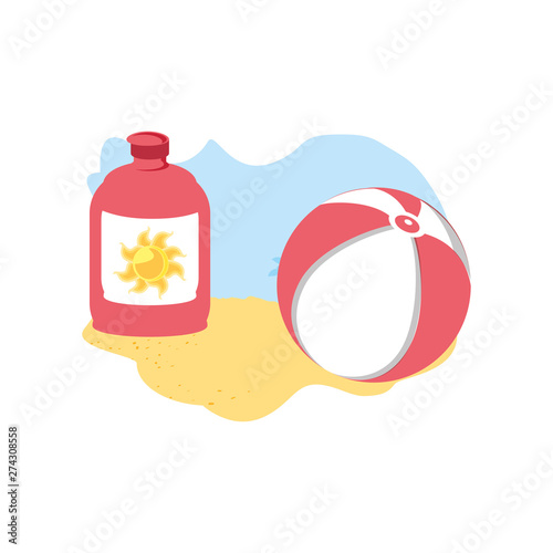 solar blocker bottle in the beach with ball plastic