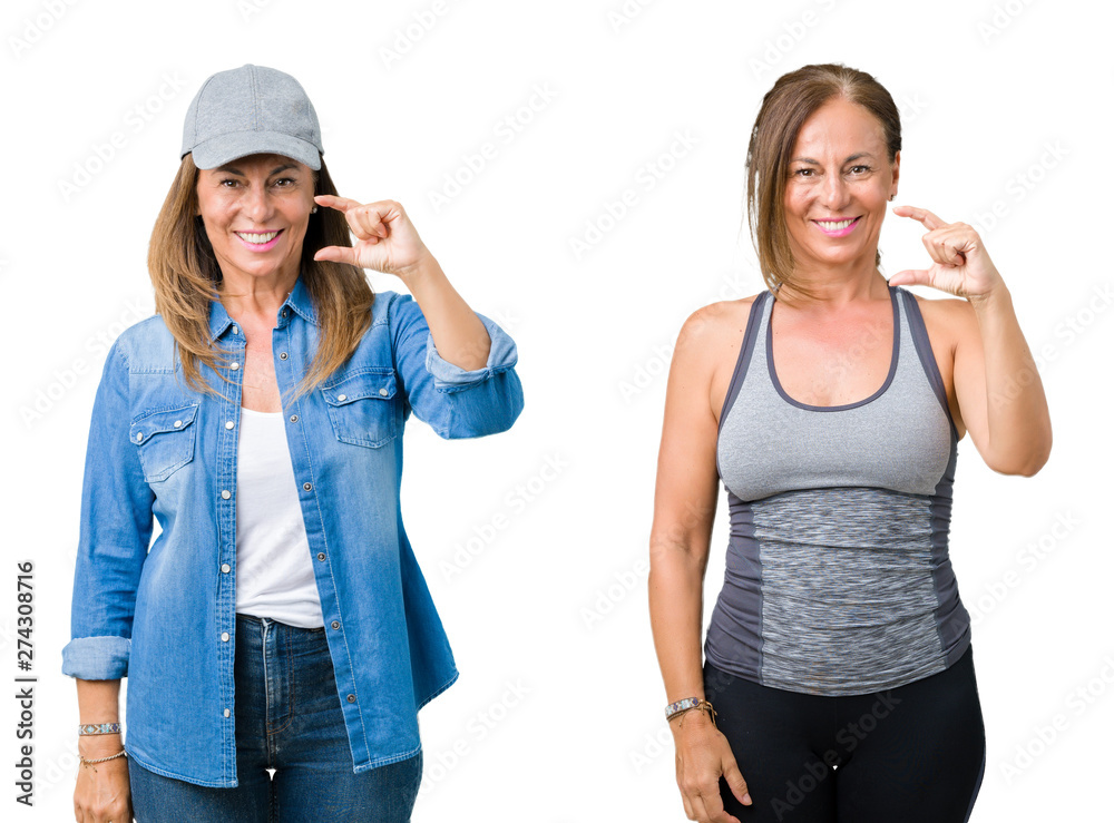 Collage of beautiful middle age woman wearing sport outfit over isolated background smiling and confident gesturing with hand doing size sign with fingers while looking and the camera Collage of beautiful middle age woman wearing sport outfit over isolated background smiling and confident gesturing with hand doing size sign with fingers while looking and the camera
