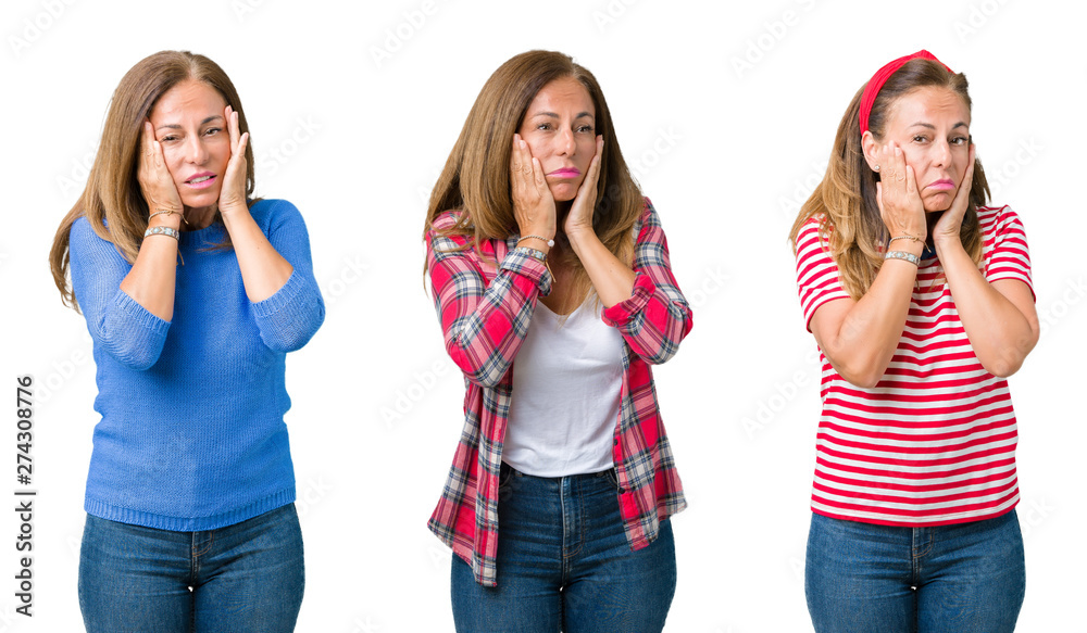 Collage of beautiful middle age woman over isolated background Tired hands covering face, depression and sadness, upset and irritated for problem Collage of beautiful middle age woman over isolated background Tired hands covering face, depression and sadness, upset and irritated for problem
