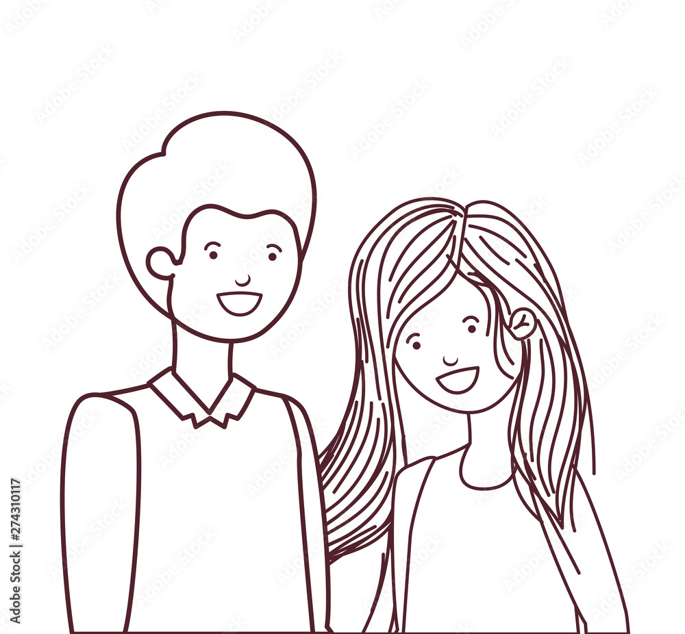 silhouette of young couple in white background