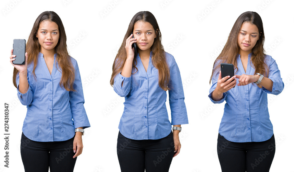 Collage of beautiful young business woman using smartphone over isolated background with a confident expression on smart face thinking serious Collage of beautiful young business woman using smartphone over isolated background with a confident expression on smart face thinking serious