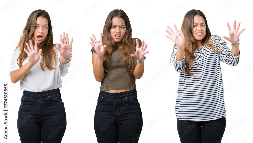 Collage of beautiful young woman over isolated background afraid and terrified with fear expression stop gesture with hands, shouting in shock. Panic concept.