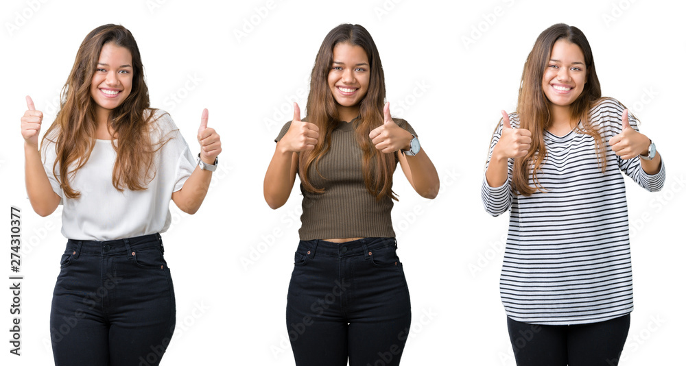 Obraz premium Collage of beautiful young woman over isolated background success sign doing positive gesture with hand, thumbs up smiling and happy. Looking at the camera with cheerful expression, winner gesture.