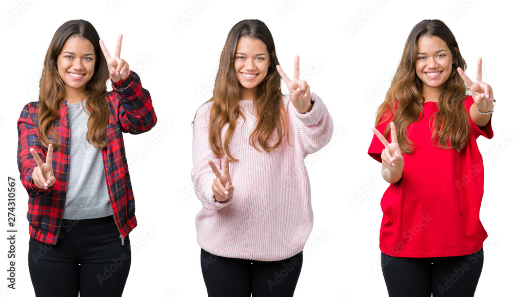 Collage of beautiful young woman over isolated background smiling looking to the camera showing fingers doing victory sign. Number two. Collage of beautiful young woman over isolated background smiling looking to the camera showing fingers doing victory sign. Number two.