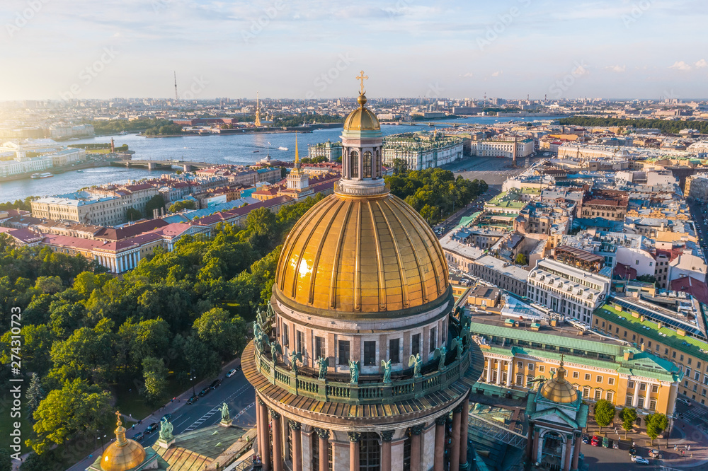 Aerial view dome of the Colonnade of St Isaac's Cathedral, in background the Admiralty, Peter and Paul Fortress, the Winter Palace Hermitage, overlooking historic part of the city Saint-Petersburg.