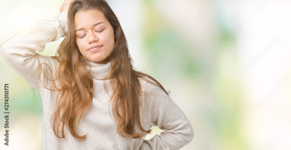 Young beautiful brunette woman wearing turtleneck sweater over isolated background confuse and wonder about question. Uncertain with doubt, thinking with hand on head. Pensive concept. Young beautiful brunette woman wearing turtleneck sweater over isolated background confuse and wonder about question. Uncertain with doubt, thinking with hand on head. Pensive concept.