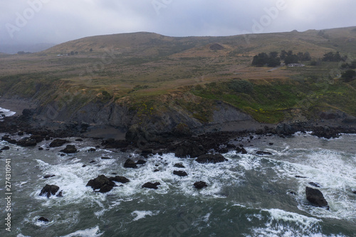 The cold, nutrient-rich waters of the Pacific Ocean wash against the rugged yet scenic coastline of Northern California. This area is easily accessible from the famous California route 1.