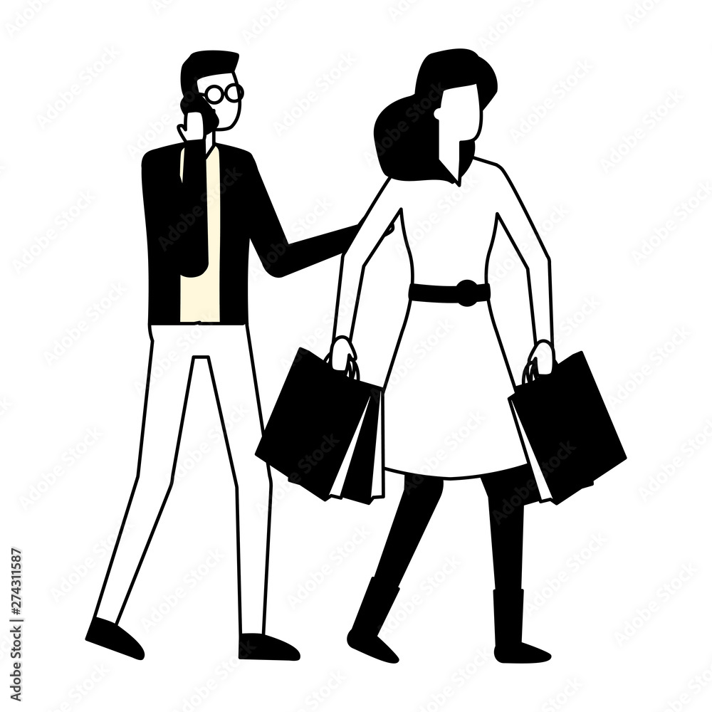 man using smartphone and woman with shopping bag man using smartphone and woman with shopping bag